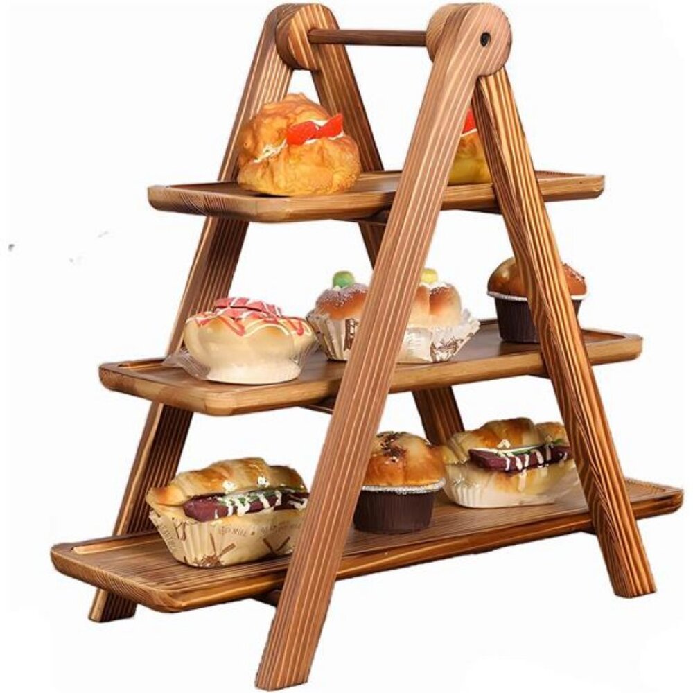 Wooden 3 Tier Serving Tray, Detachable Cupcake Stand, Rectangle Serving Platter